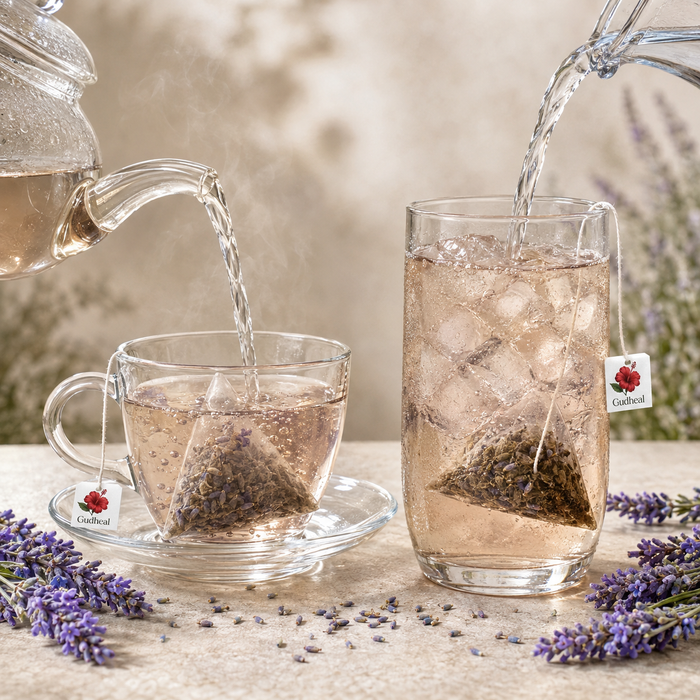 Gudheal Lavender tea prepared hot and iced
