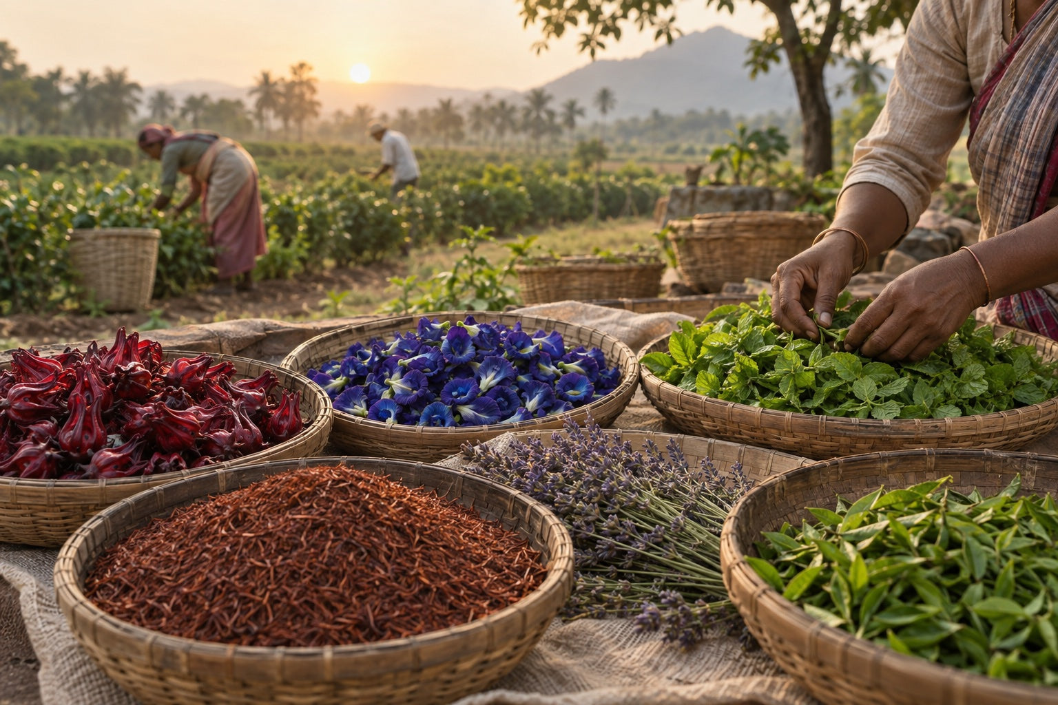 Assorted botanicals being carefully sorted at a farm at sunrise