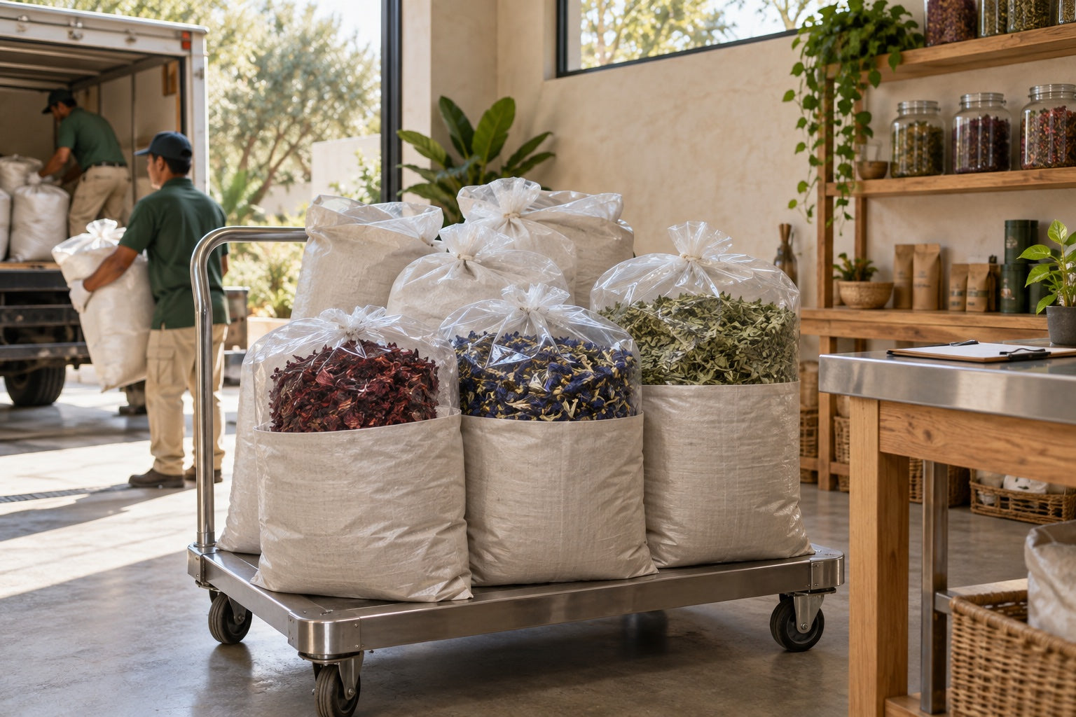 Sealed food-grade bulk bags of dried botanicals arriving at a clean packing facility