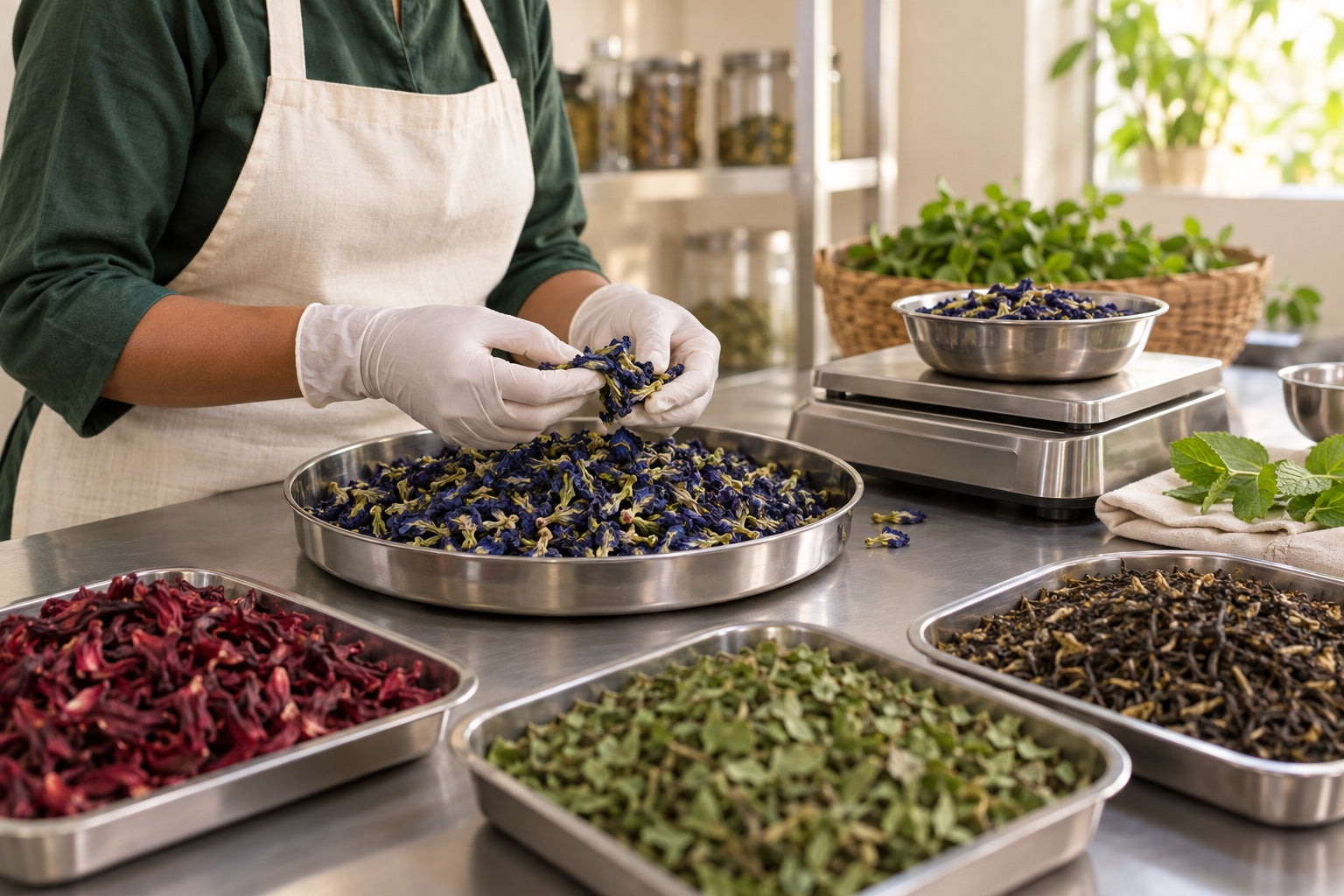 Dried botanicals being inspected and weighed on a clean stainless-steel food preparation table