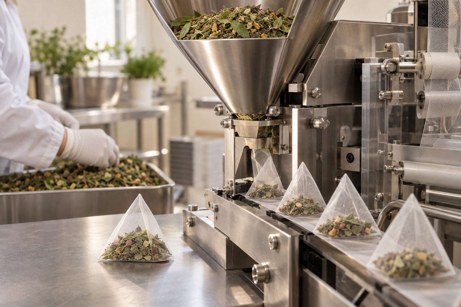 Loose botanicals being measured into realistic pyramid tea bags by a food-grade filling machine
