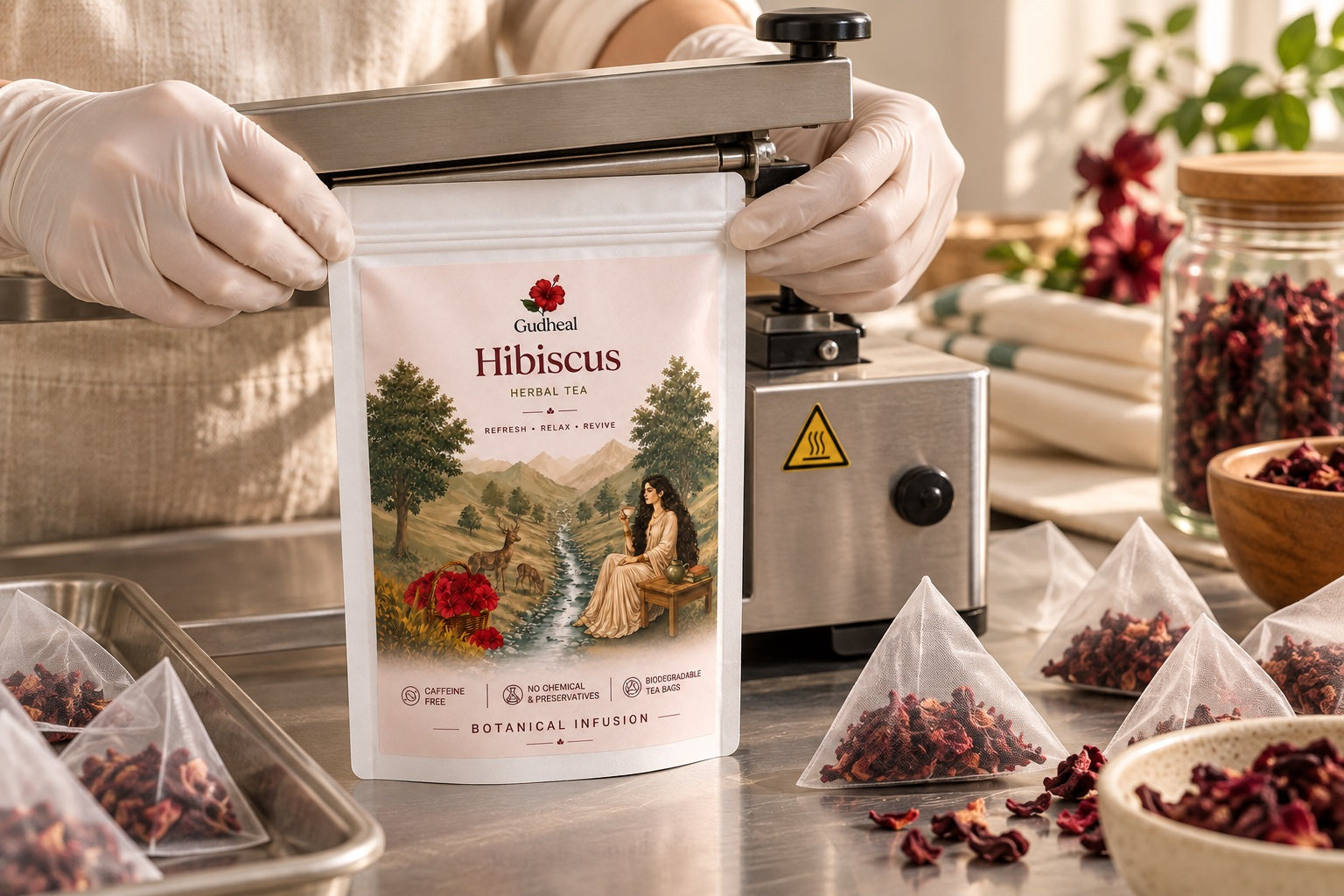 A Gudheal Hibiscus pouch being sealed beside filled pyramid tea bags