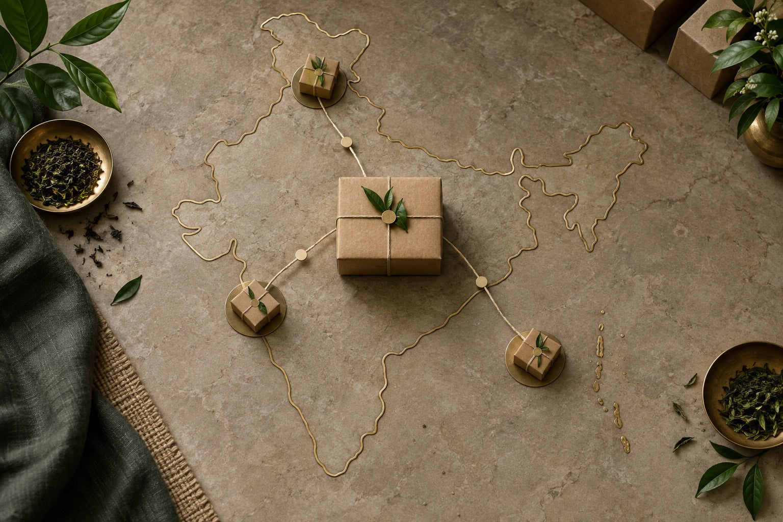 Kraft parcels connected across a stylised map of India representing fulfilment distribution