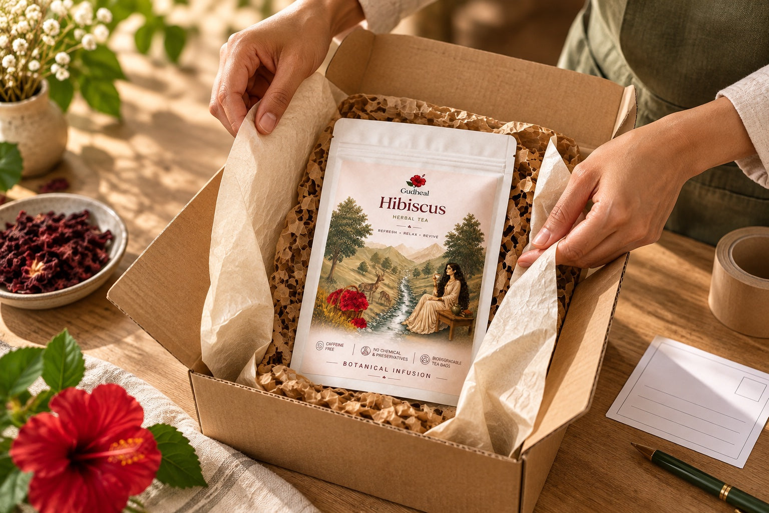 A Gudheal tea pouch protected inside a kraft delivery carton for dispatch