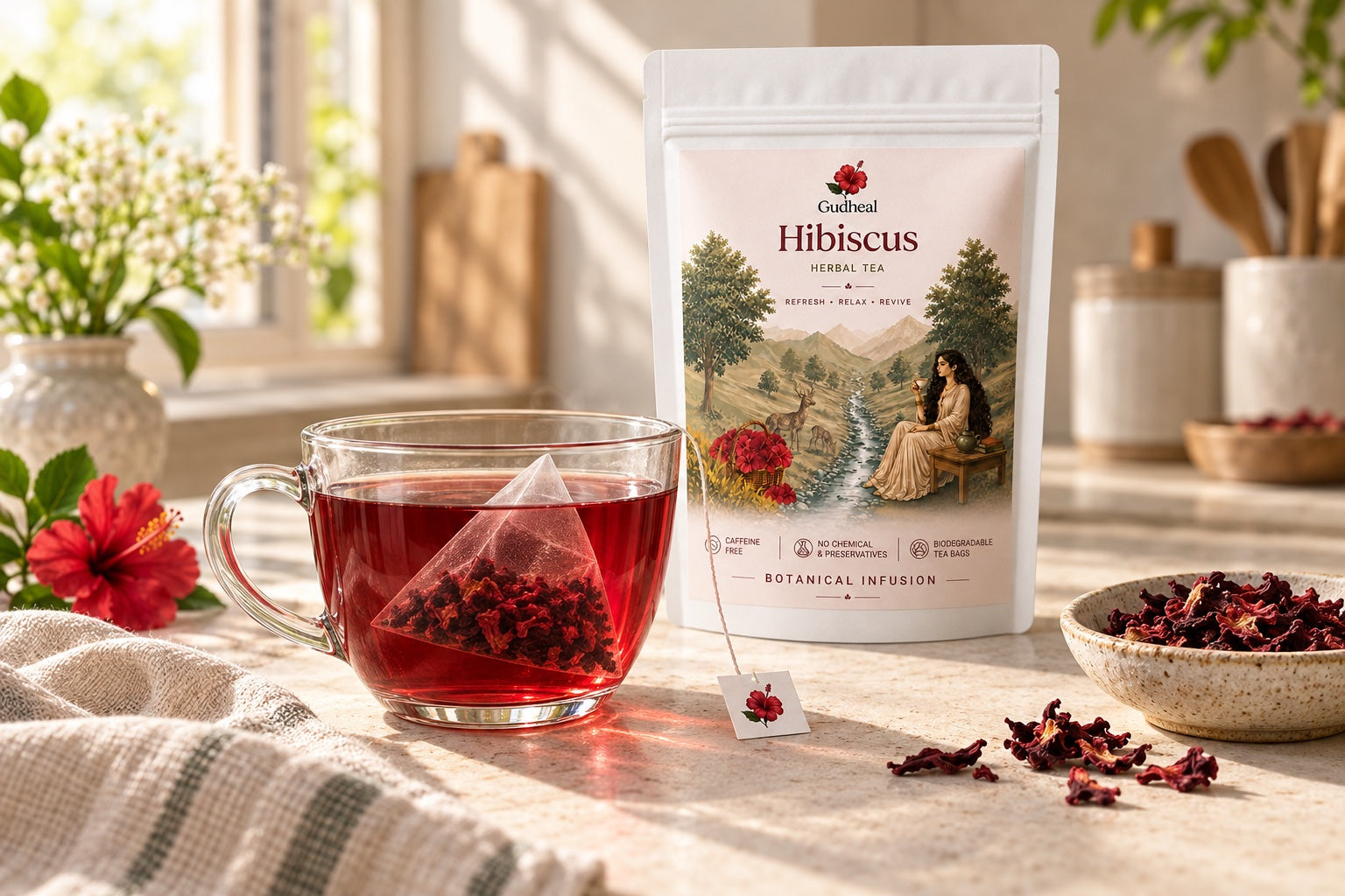 A realistic Gudheal pyramid tea bag steeping in a clear glass cup of ruby hibiscus tea at home