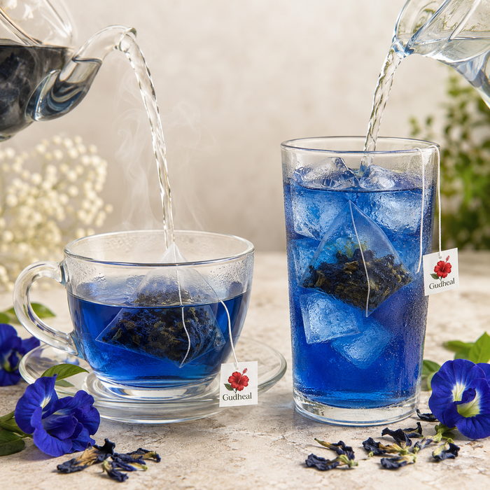 Gudheal Butterfly Pea tea prepared hot and iced