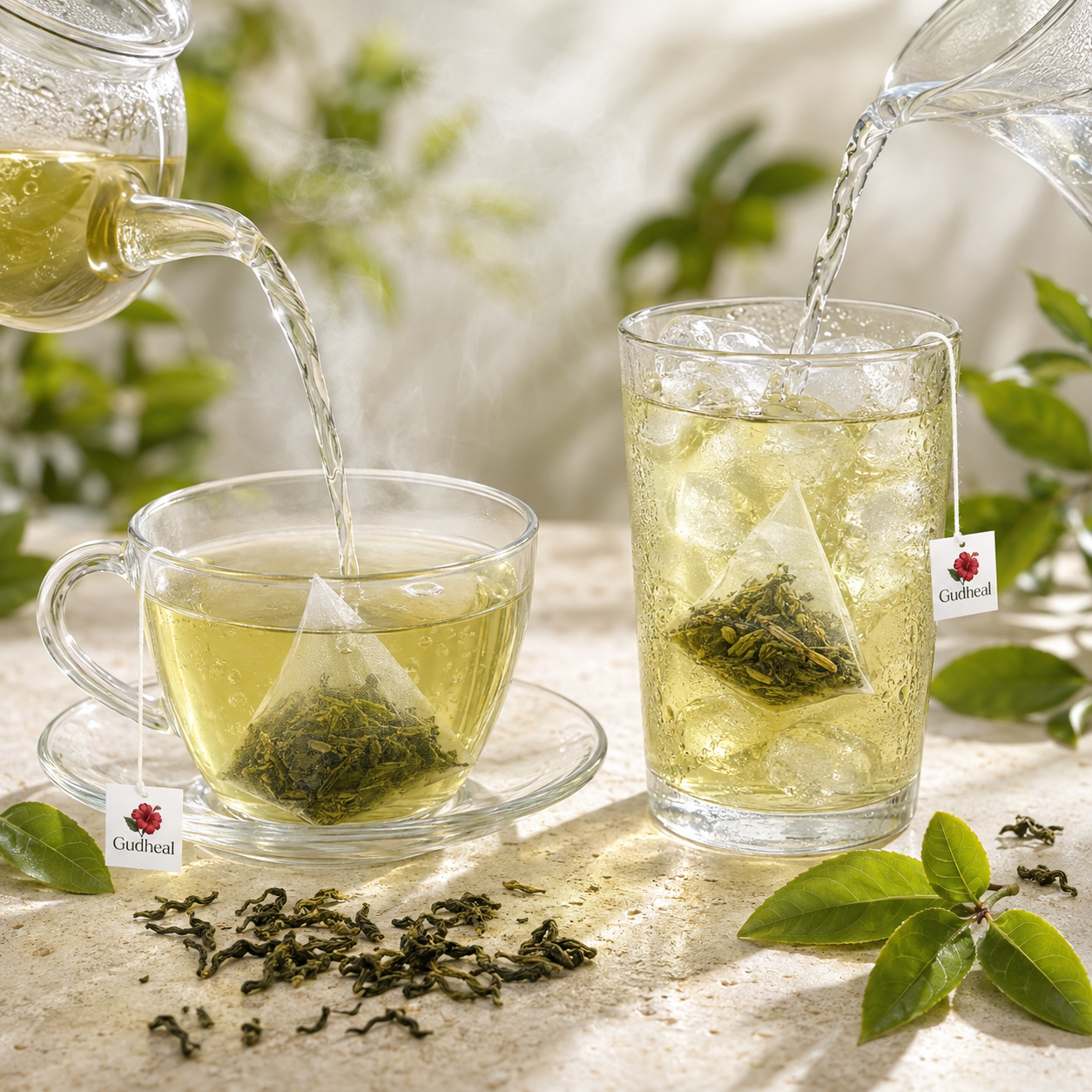 Gudheal Green Tea | 25 Tea Bags Pouch prepared hot and iced with pyramid tea bags