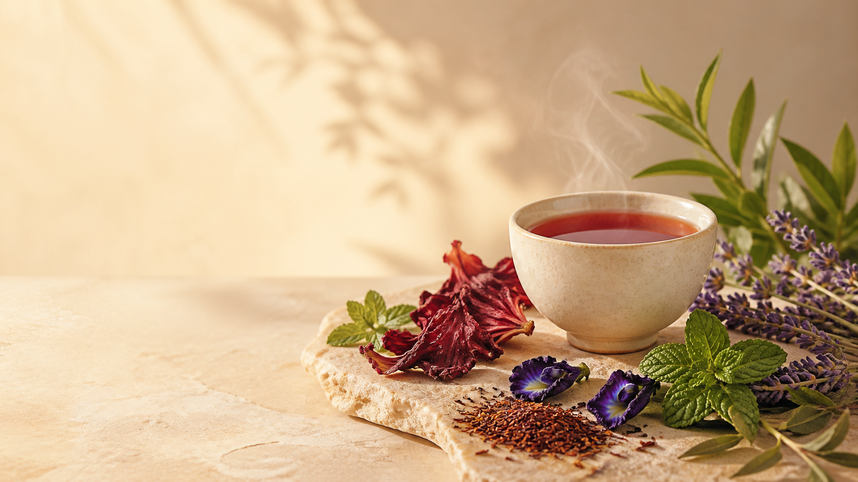 A Gudheal botanical tea ritual with whole flowers and leaves