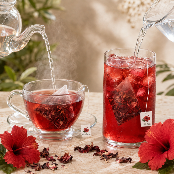 Gudheal Hibiscus tea prepared hot and iced