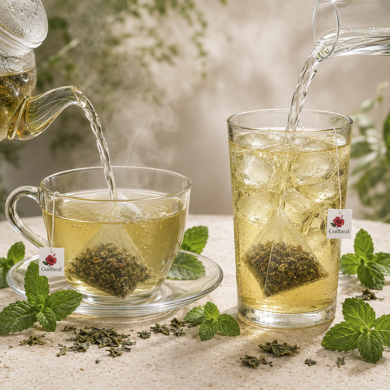 Gudheal Mint Herbal Tea | 25 Tea Bags Pouch prepared hot and iced with pyramid tea bags