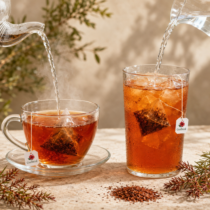 Gudheal Rooibos tea prepared hot and iced